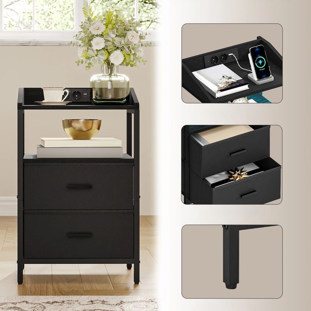 Nachtkastjes met LED & Oplaadstation - set van 2 - 2 lades - Zwart