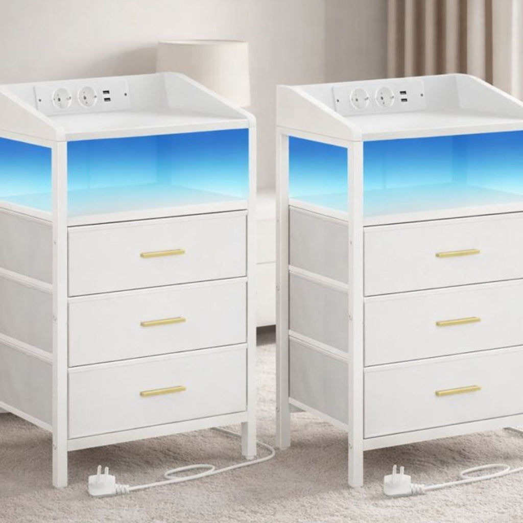 Nachtkastjes met LED & Oplaadstation – Set van 2 - 3 lades - Wit