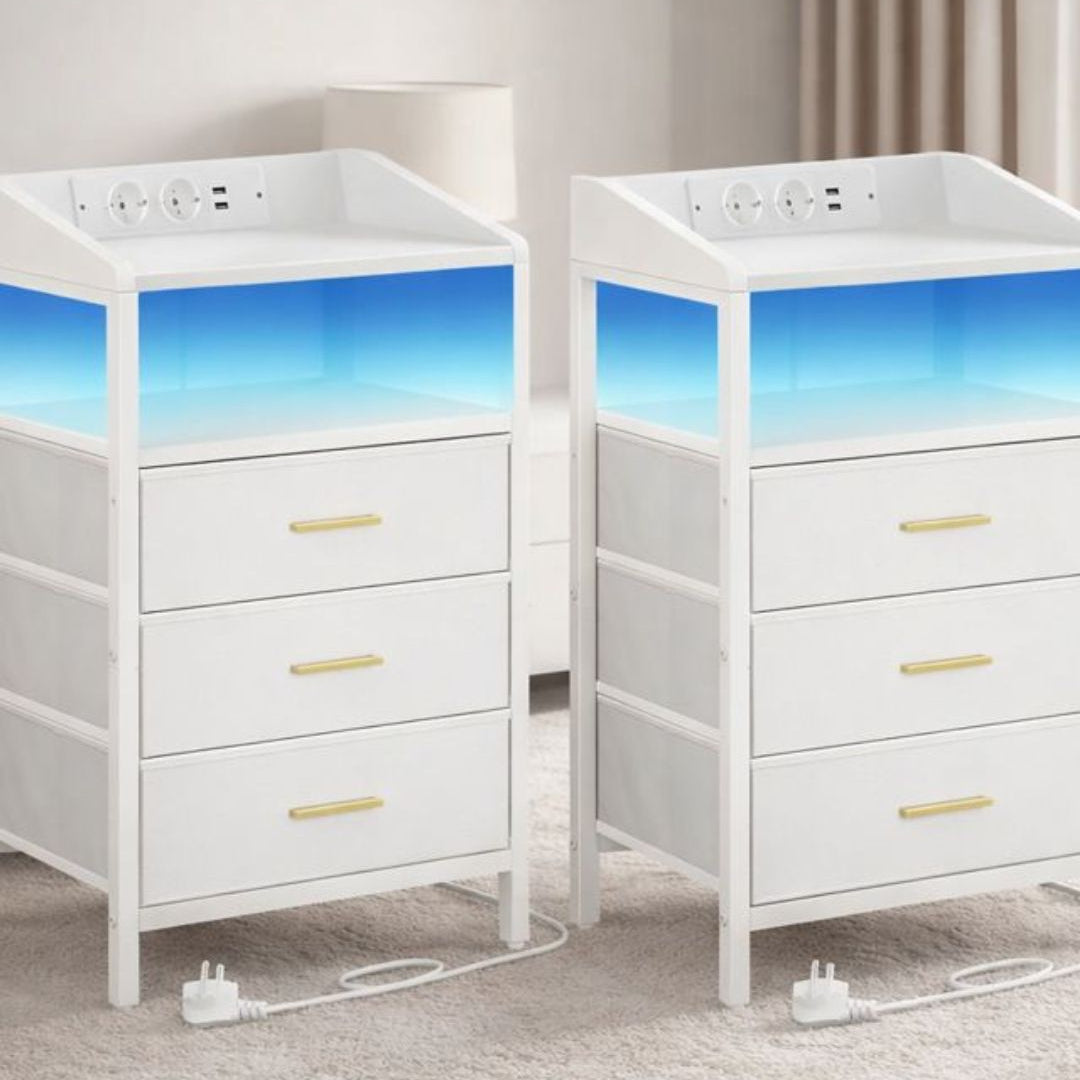 Nachtkastjes met LED & Oplaadstation – Set van 2 - 3 lades - Wit