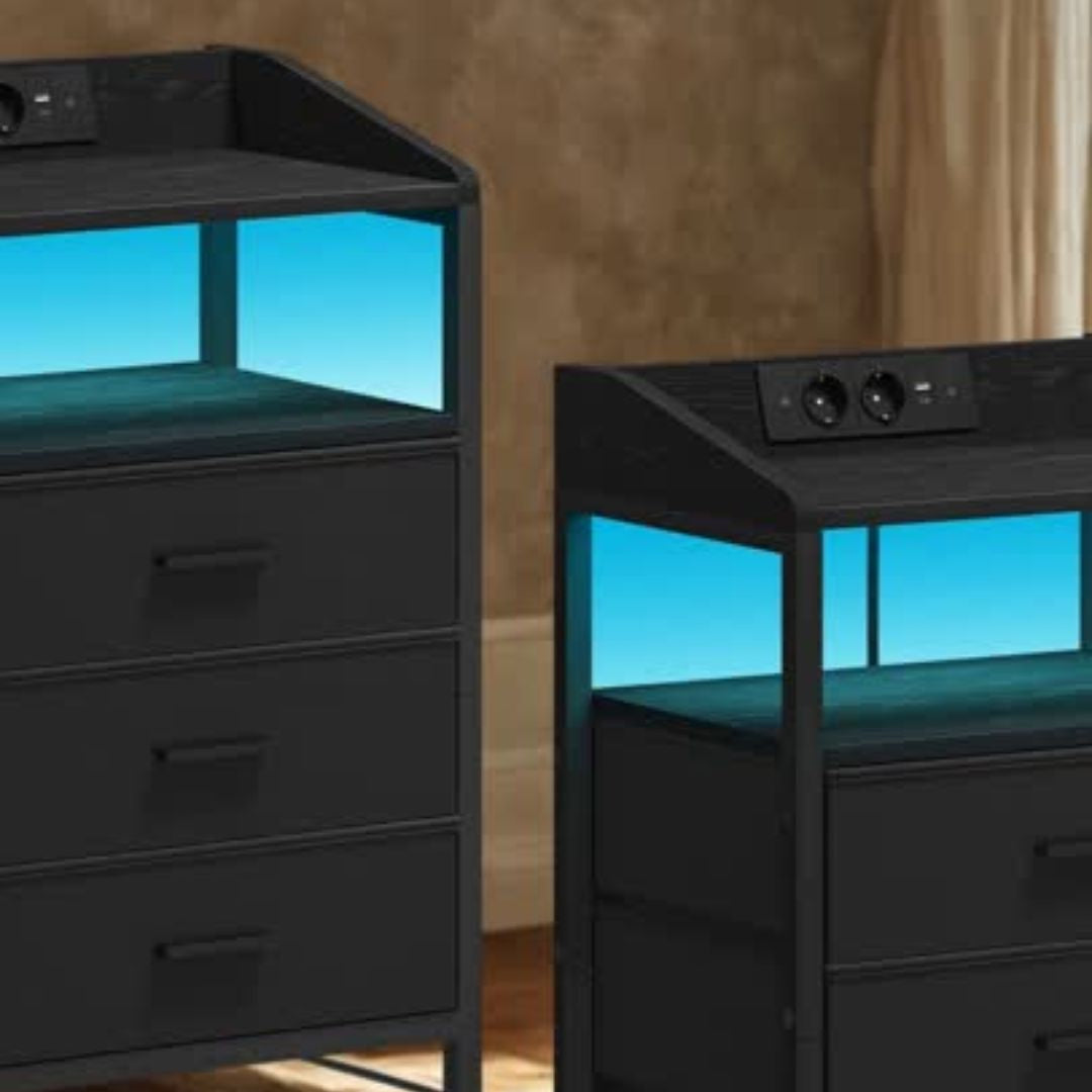 Nachtkastjes met LED & Oplaadstation – Set van 2 - 3 lades - Zwart