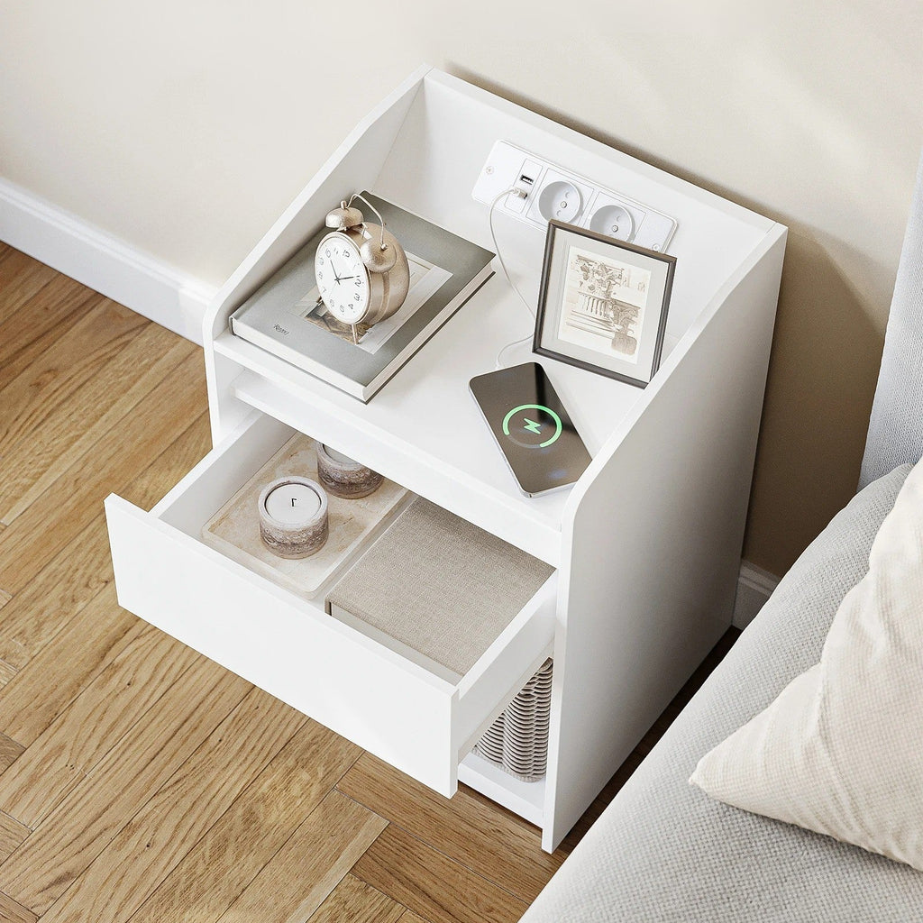 Nachtkastje met LED verlichting, onder oplag ruimte en 1 lade - Wit