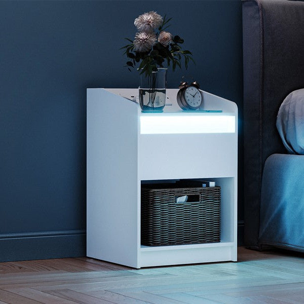 Nachtkastje met LED verlichting, onder oplag ruimte en 1 lade - Wit
