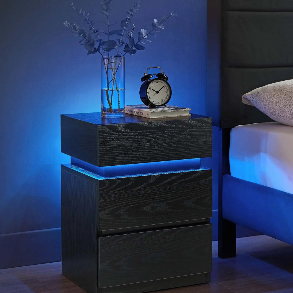 Nachtkastje met LED verlichting - 2 lades - Verstelbare Kleuren - Zwart