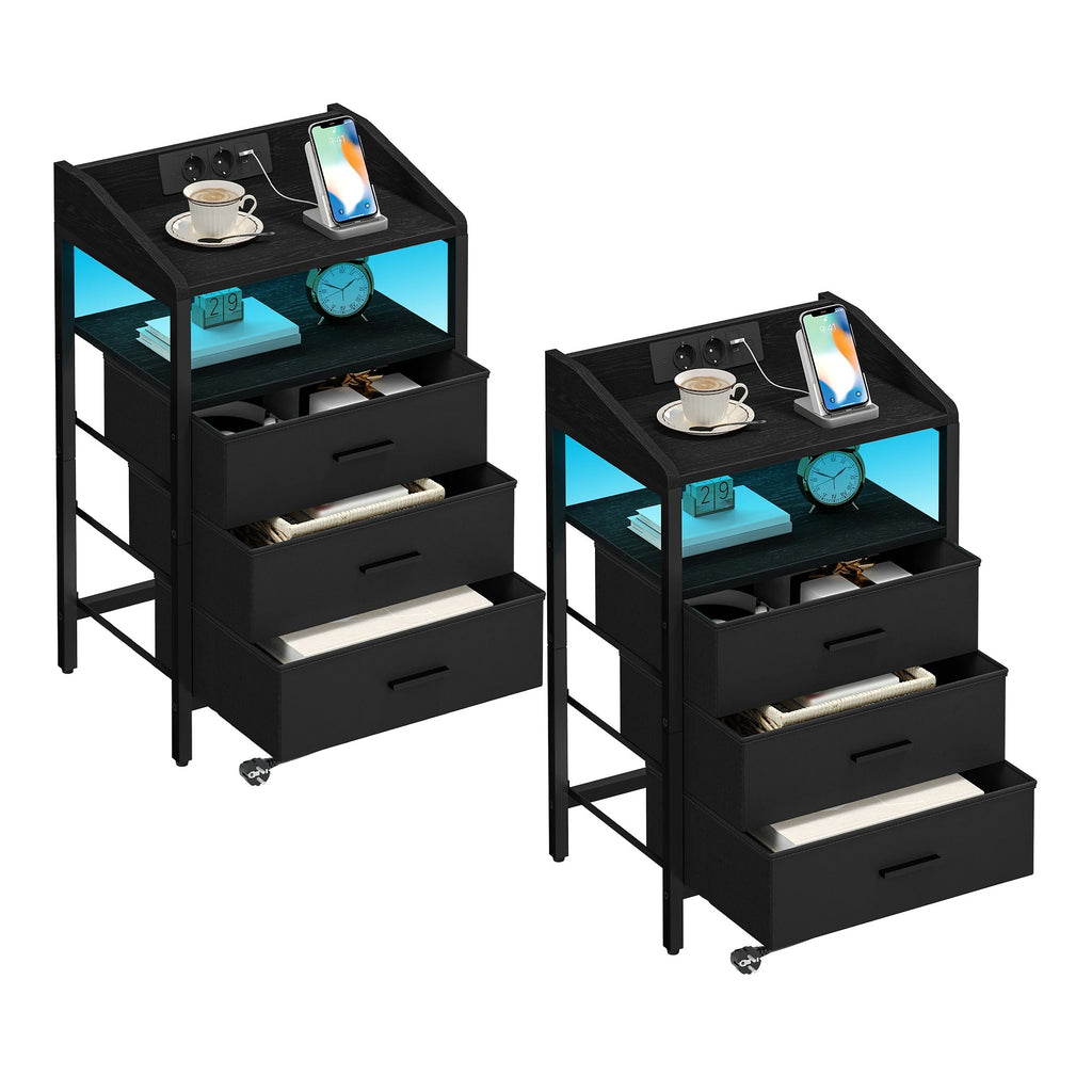 Nachtkastjes met LED & Oplaadstation – Set van 2 - 3 lades - Zwart