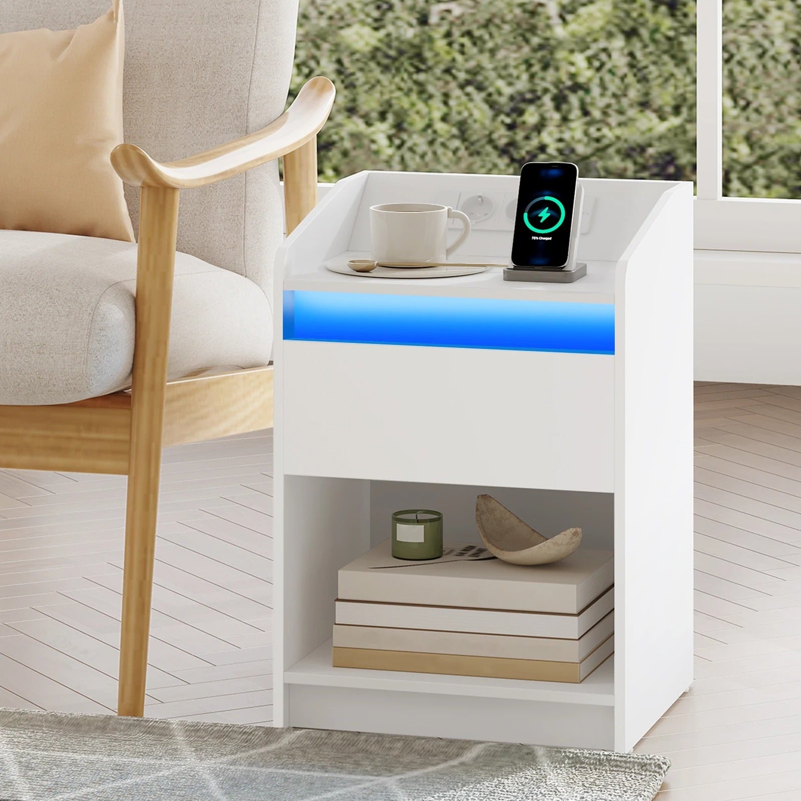 Nachtkastje met LED verlichting, onder oplag ruimte en 1 lade - Wit