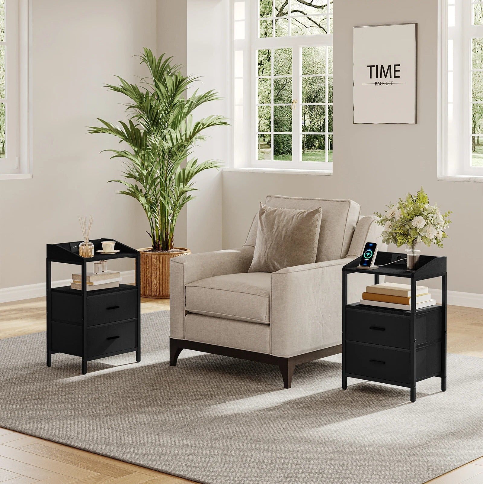 Nachtkastjes met LED & Oplaadstation - set van 2 - 2 lades - Zwart