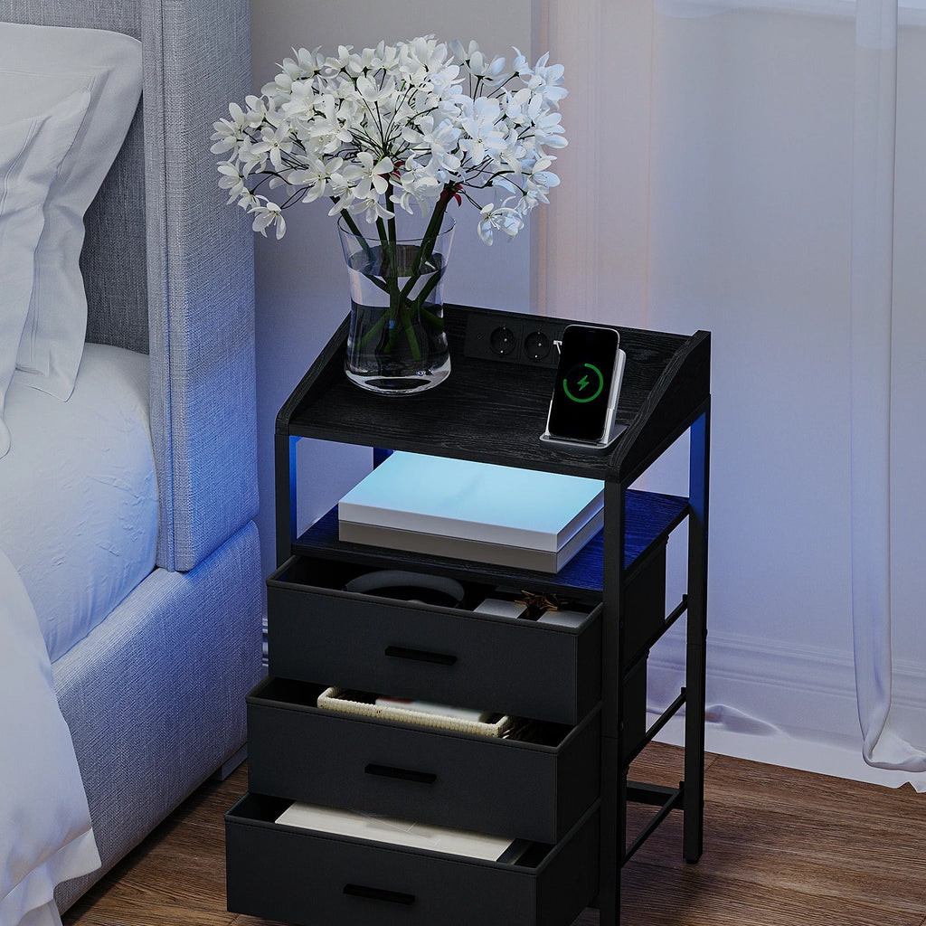 Nachtkastjes met LED & Oplaadstation – Set van 2 - 3 lades - Zwart