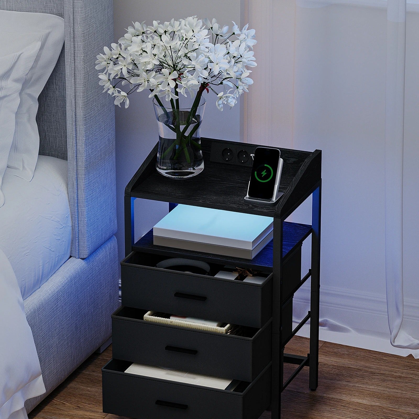 Nachtkastjes met LED & Oplaadstation – Set van 2 - 3 lades - Zwart