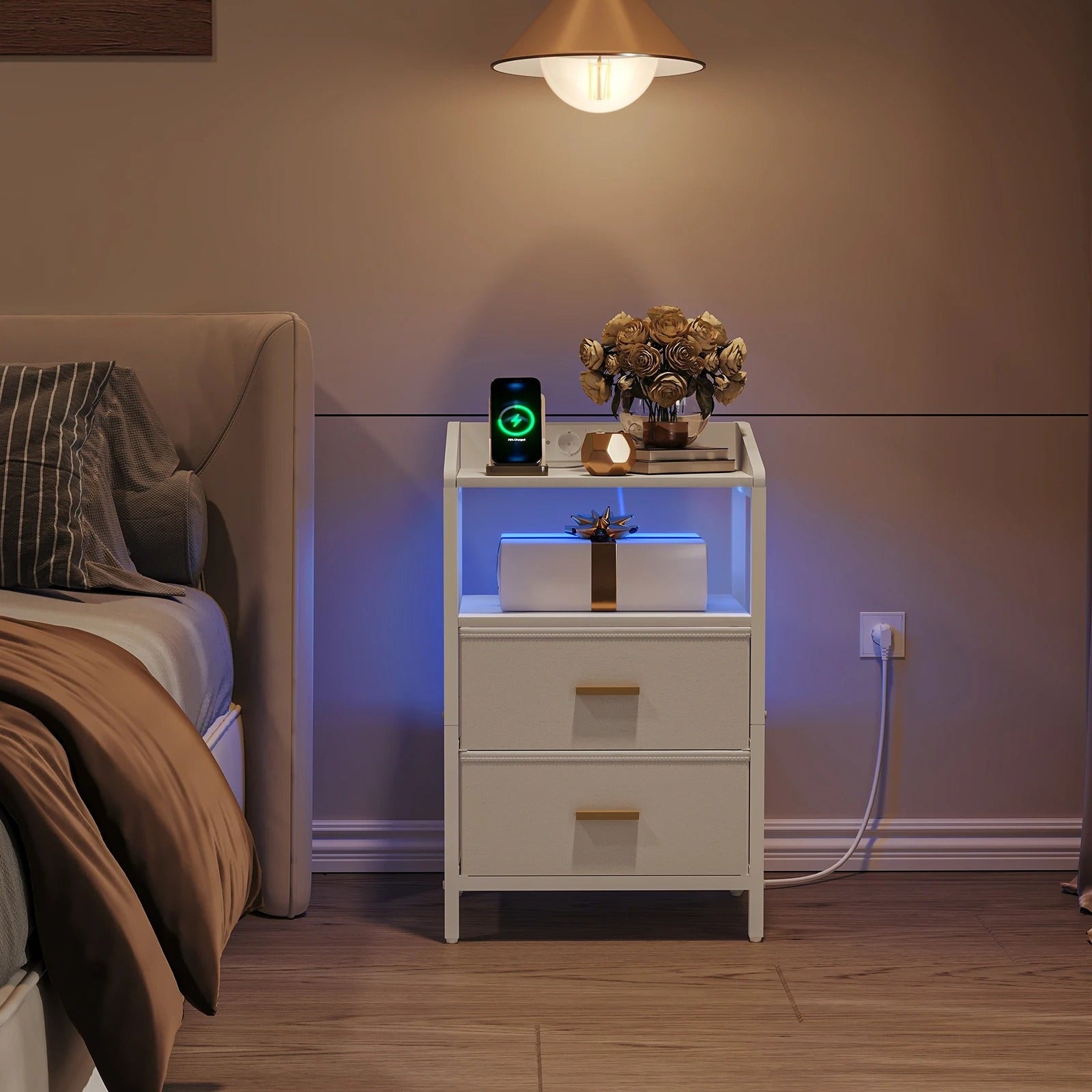 Nachtkastjes met LED & Oplaadstation - set van 2 - 2 lades - Wit