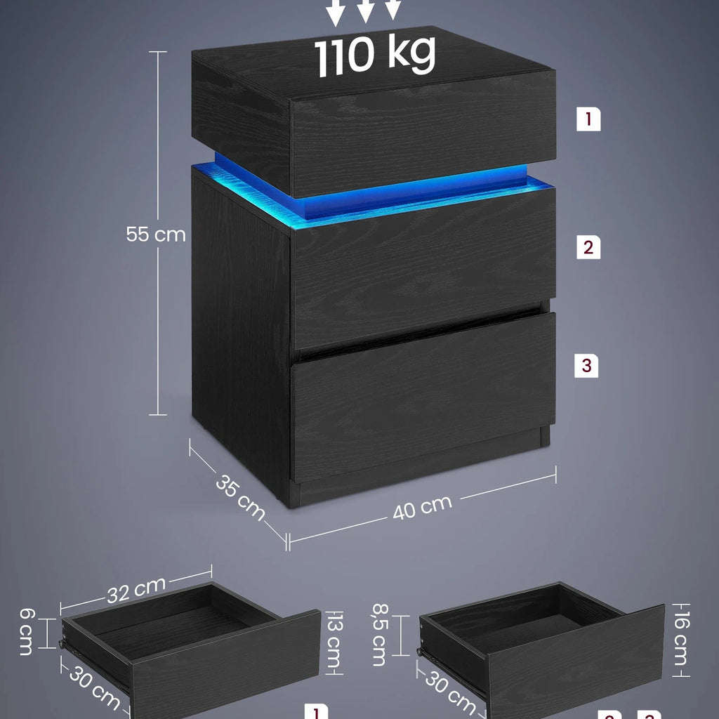 Nachtkastje met LED verlichting - 2 lades - Verstelbare Kleuren - Zwart
