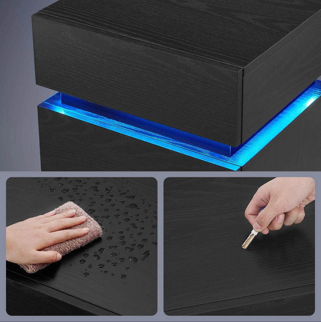 Nachtkastje met LED verlichting - 2 lades - Verstelbare Kleuren - Zwart