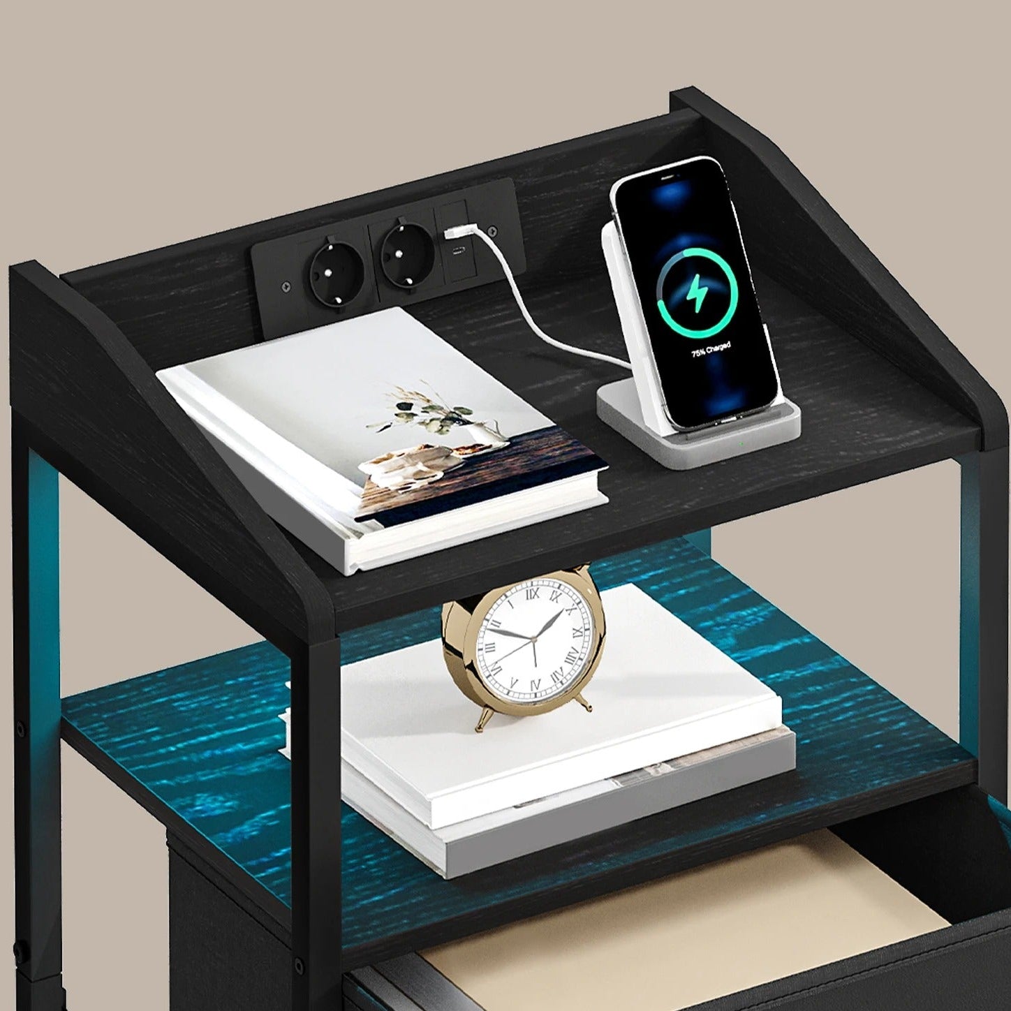 Nachtkastjes met LED & Oplaadstation - set van 2 - 2 lades - Zwart
