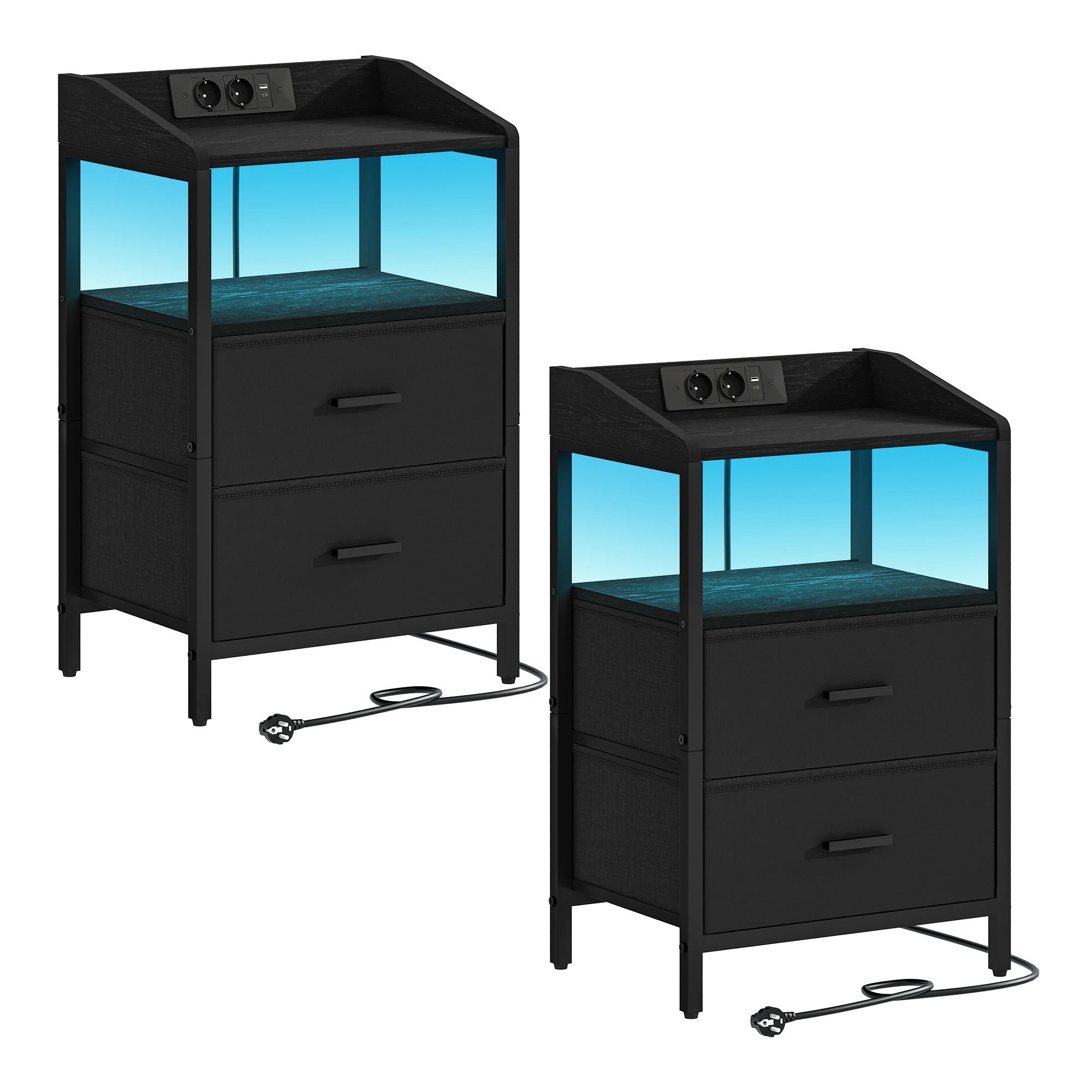 Nachtkastjes met LED & Oplaadstation - set van 2 - 2 lades - Zwart