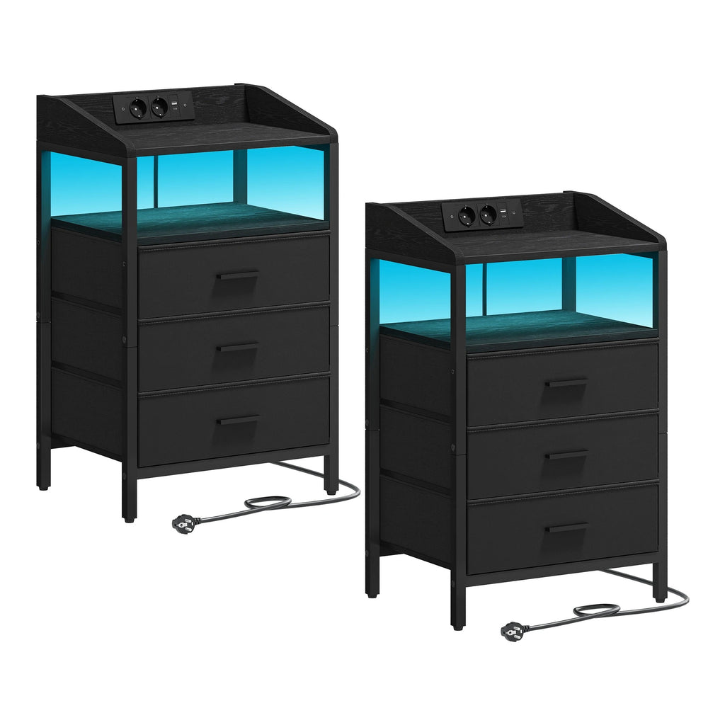 Nachtkastjes met LED & Oplaadstation – Set van 2 - 3 lades - Zwart