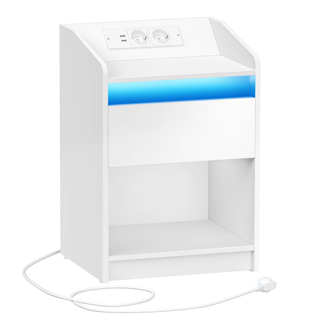 Nachtkastje met LED verlichting, onder oplag ruimte en 1 lade - Wit