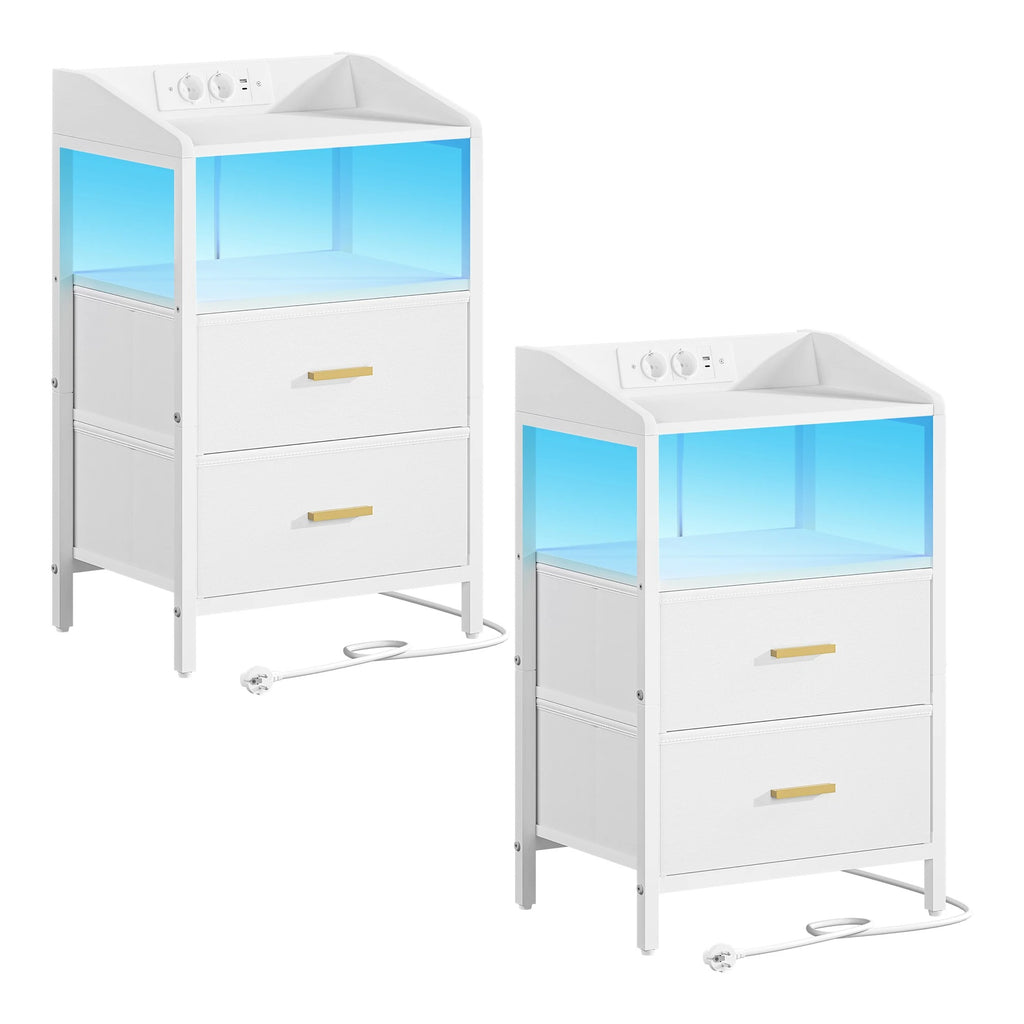 Nachtkastjes met LED & Oplaadstation - set van 2 - 2 lades - Wit