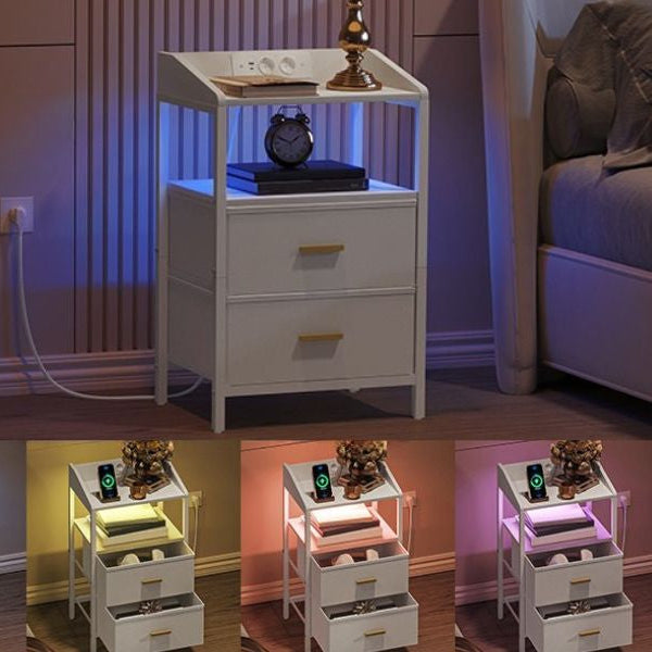 Nachtkastjes met LED & Oplaadstation - set van 2 - 2 lades - Wit